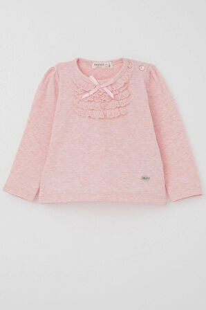 Breeze Kız Bebek Uzun Kollu Tişört Güpürlü Fiyonklu 6 Ay-2 Yaş, Somon Melanj