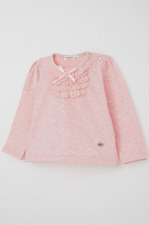 Breeze Kız Bebek Uzun Kollu Tişört Güpürlü Fiyonklu 6 Ay-2 Yaş, Somon Melanj