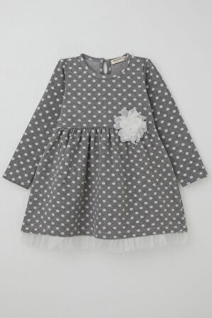 Breeze Kız Çocuk Uzun Kollu Elbise Puantiyeli Beyaz Çiçekli 3-7 Yaş, Gri