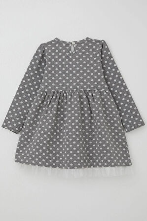 Breeze Kız Çocuk Uzun Kollu Elbise Puantiyeli Beyaz Çiçekli 3-7 Yaş, Gri