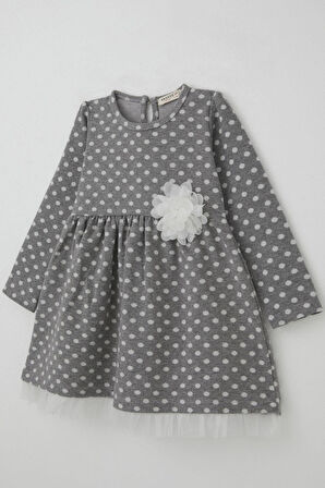 Breeze Kız Çocuk Uzun Kollu Elbise Puantiyeli Beyaz Çiçekli 3-7 Yaş, Gri