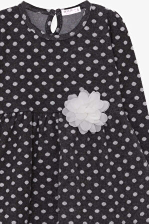 Breeze Kız Çocuk Uzun Kollu Elbise Puantiyeli Beyaz Çiçekli 3-7 Yaş, Antrasit