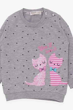Breeze Kız Bebek Sweatshirt Mutlu Kedicikler 4 Ay-1.5 Yaş, Gri Melanj