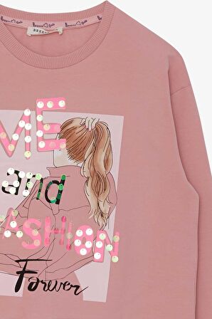 Breeze Kız Çocuk Sweatshirt Pullu Kız Baskılı 8-14 Yaş, Somon