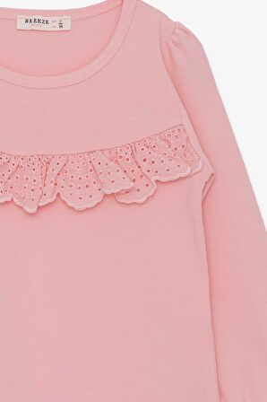 Breeze Kız Çocuk Uzun Kollu Tişört Fırıfırlı 3-8 Yaş, Pudra