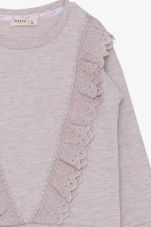 Breeze Kız Çocuk Sweatshirt Güpürlü 4-9 Yaş, Bej Melanj