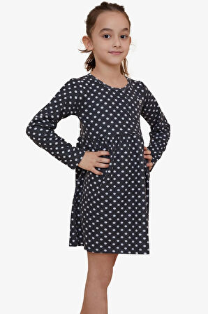 Breeze Kız Çocuk Uzun Kollu Elbise Puantiye Desenli 4-8 Yaş, Füme
