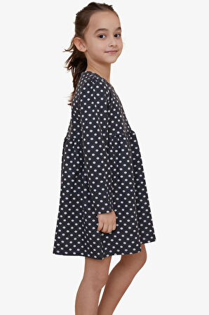 Breeze Kız Çocuk Uzun Kollu Elbise Puantiye Desenli 4-8 Yaş, Füme