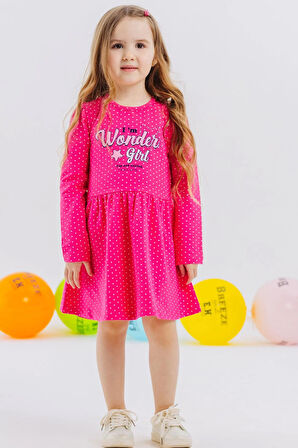 Breeze Kız Çocuk Elbise Puantiye Desenli Yazı Baskılı 3-7 Yaş, Pembe