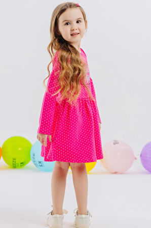 Breeze Kız Çocuk Elbise Puantiye Desenli Yazı Baskılı 3-7 Yaş, Pembe