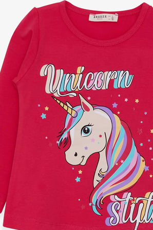 Breeze Kız Çocuk Uzun Kollu Tişört Unicorn 2-6 Yaş, Fuşya