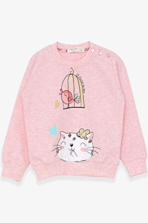 Breeze Kız Çocuk Sweatshirt Simli Kedicik Baskılı 1.5-5 Yaş, Somon Melanj