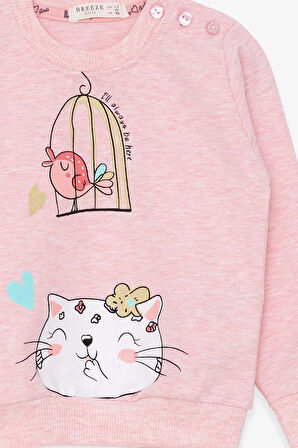 Breeze Kız Çocuk Sweatshirt Simli Kedicik Baskılı 1.5-5 Yaş, Somon Melanj