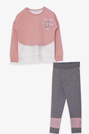 Breeze Kız Çocuk Taytlı Takım Kalp Baskılı 8-12 Yaş, Pudra
