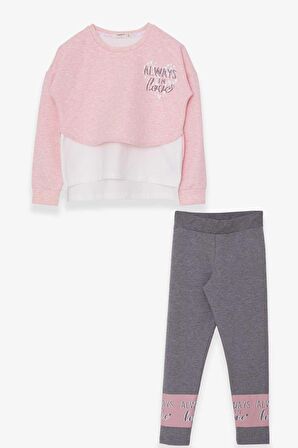 Breeze Kız Çocuk Taytlı Takım Kalp Baskılı 8-12 Yaş, Somon Melanj