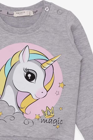 Breeze Kız Çocuk Sweatshirt Baskılı Unicorn 1.5-5 Yaş, Gri Melanj