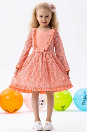 Breeze Kız Çocuk Uzun Kollu Elbise Dantelli Fiyonklu 2-6 Yaş, Somon