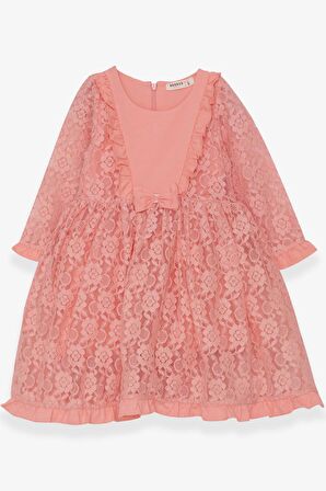 Breeze Kız Çocuk Uzun Kollu Elbise Dantelli Fiyonklu 2-6 Yaş, Somon