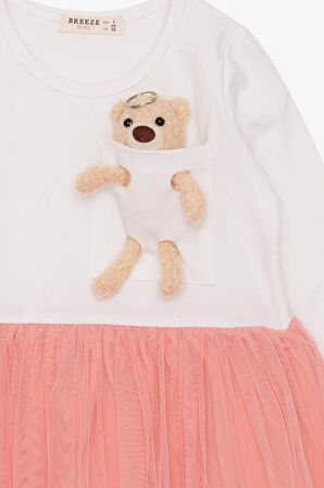 Breeze Kız Çocuk Uzun Kollu Elbise Ayıcık Aksesuarlı 3-8 Yaş, Ekru