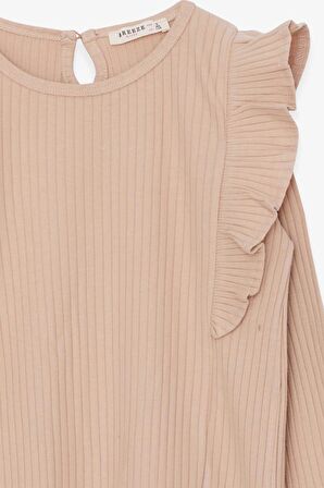 Breeze Kız Çocuk Uzun Kollu Bluz Omuzu Fırfırlı 6-12 Yaş, Bej