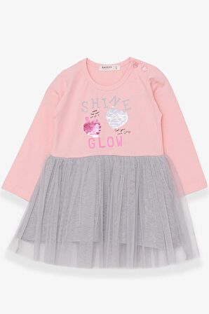 Breeze Kız Çocuk Uzun Kollu Elbise Pullu Yazı Baskılı 1.5-5 Yaş, Pudra