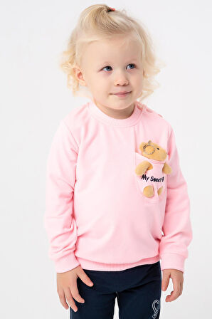 Breeze Kız Çocuk Sweatshirt Ayıcık Aksesuarlı 1.5-5 Yaş, Pudra