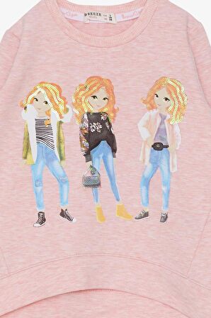 Breeze Kız Çocuk Sweatshirt Pullu Kız Baskılı 3-8 Yaş, Somon Melanj