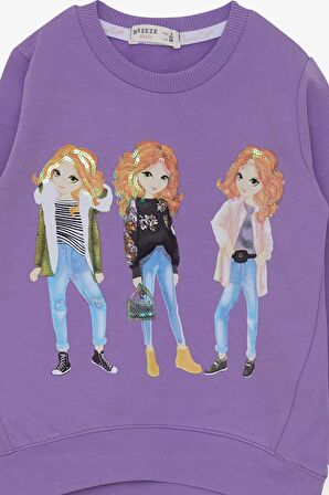 Breeze Kız Çocuk Sweatshirt Pullu Kız Baskılı 3-8 Yaş, Lila