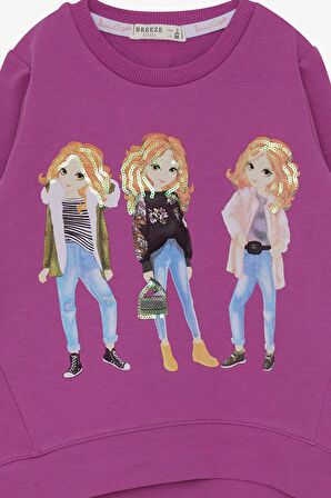 Breeze Kız Çocuk Sweatshirt Pullu Kız Baskılı 3-8 Yaş, Mor