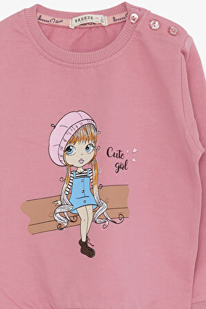 Breeze Kız Çocuk Sweatshirt Sevimli Kız Baskılı 1.5-5 Yaş, Gülkurusu
