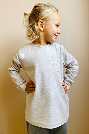 Breeze Erkek Çocuk Uzun Kollu Tişört Cepli 4-8 Yaş, Bej Melanj