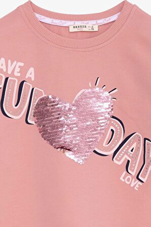 Breeze Kız Çocuk Sweatshirt Pullu Yazı Baskılı 4-8 Yaş, Gülkurusu
