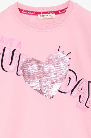 Breeze Kız Çocuk Sweatshirt Pullu Yazı Baskılı 4-8 Yaş, Pudra
