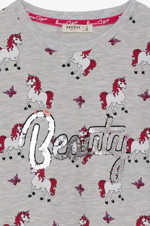 Breeze Kız Çocuk Tunik Unicorn Desenli 4-9 Yaş, Açık Gri Melanj
