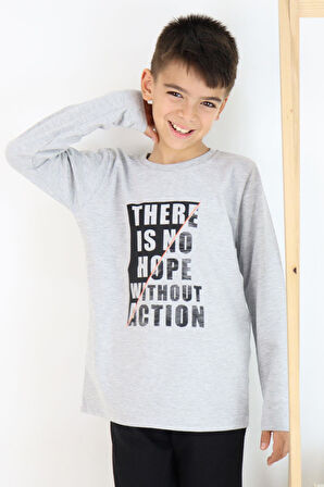 Breeze Erkek Çocuk Uzun Kollu Tişört Yazı Baskılı 6-12 Yaş, Açık Gri Melanj