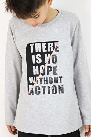 Breeze Erkek Çocuk Uzun Kollu Tişört Yazı Baskılı 6-12 Yaş, Açık Gri Melanj