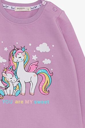 Breeze Kız Çocuk Sweatshirt Sevimli Unicorn Baskılı 1-4 Yaş, Eflatun