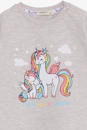 Breeze Kız Çocuk Sweatshirt Sevimli Unicorn Baskılı 1-4 Yaş, Bej Melanj