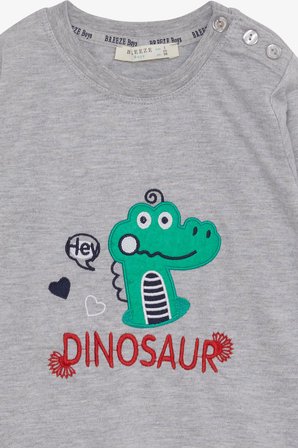 Breeze Erkek Bebek Uzun Kollu Tişört Dinozor Nakışlı 9 Ay-3 Yaş, Gri Melanj