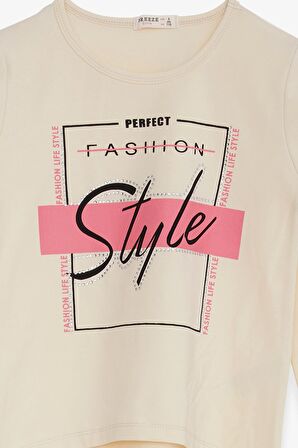 Breeze Kız Çocuk Uzun Kollu Tişört Taşlı Yazı Baskılı 6-12 Yaş, Krem