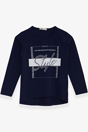 Breeze Kız Çocuk Uzun Kollu Tişört Taşlı Yazı Baskılı 6-12 Yaş, Lacivert