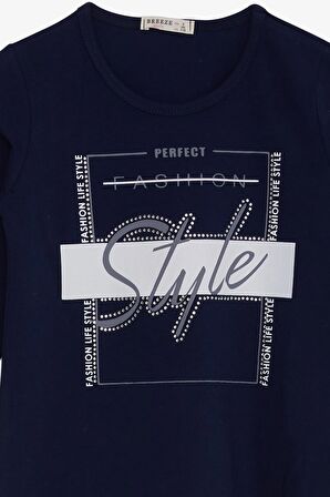 Breeze Kız Çocuk Uzun Kollu Tişört Taşlı Yazı Baskılı 6-12 Yaş, Lacivert