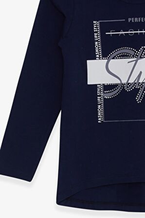 Breeze Kız Çocuk Uzun Kollu Tişört Taşlı Yazı Baskılı 6-12 Yaş, Lacivert