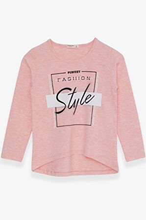 Breeze Kız Çocuk Uzun Kollu Tişört Taşlı Yazı Baskılı 6-12 Yaş, Somon Melanj