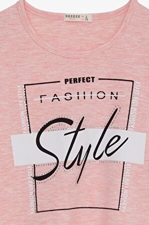 Breeze Kız Çocuk Uzun Kollu Tişört Taşlı Yazı Baskılı 6-12 Yaş, Somon Melanj