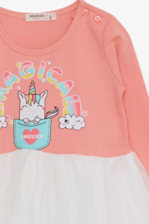 Breeze Kız Çocuk Uzun Kollu Elbise Unicorn Baskılı 1.5-5 Yaş, Somon
