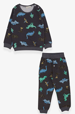 Breeze Erkek Bebek Eşofman Takımı Dinozor Desenli 9 Ay-3 Yaş, Füme