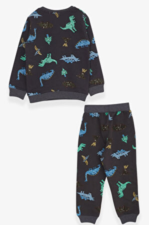 Breeze Erkek Bebek Eşofman Takımı Dinozor Desenli 9 Ay-3 Yaş, Füme