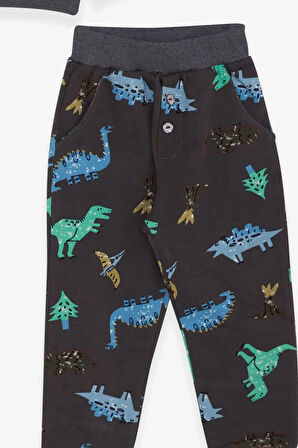 Breeze Erkek Bebek Eşofman Takımı Dinozor Desenli 9 Ay-3 Yaş, Füme