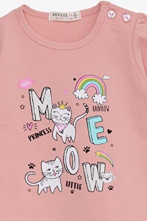 Breeze Kız Bebek Uzun Kollu Tişört Kedicik Baskılı 9 Ay-3 Yaş, Somon